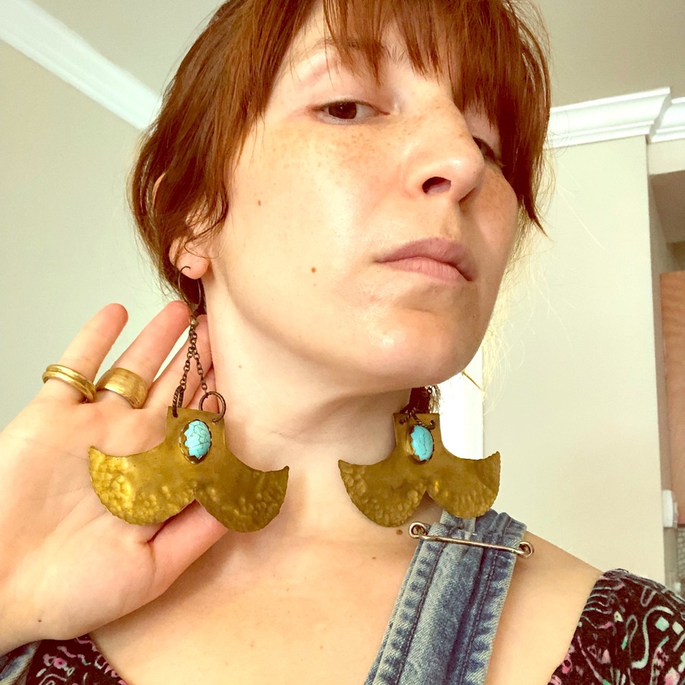 Brass and turquoise whale tail earrings